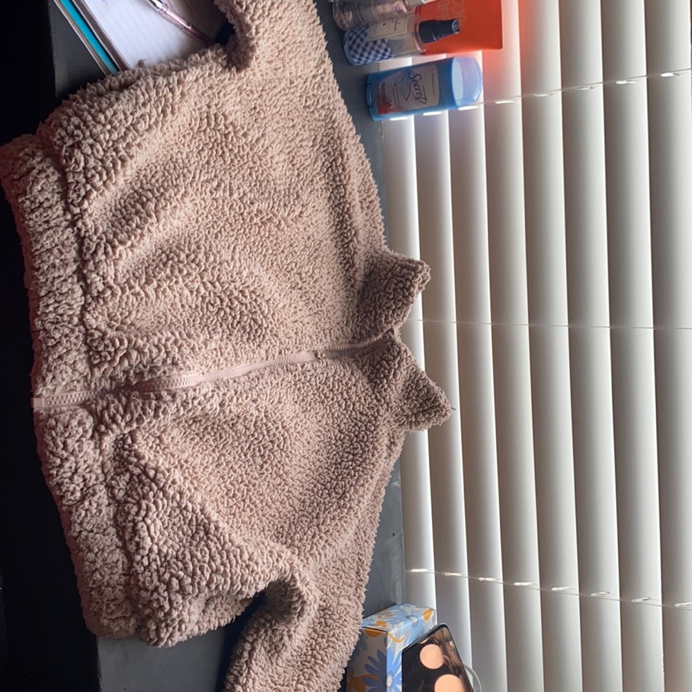 Pinkish brownish fluffy zip up crop top jacket